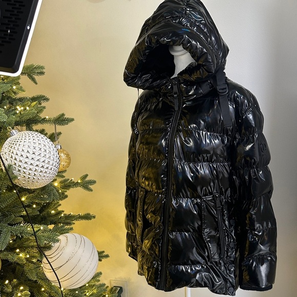DKNY Glossy Black Hooded Puffer Jacket - Picture 2 of 9